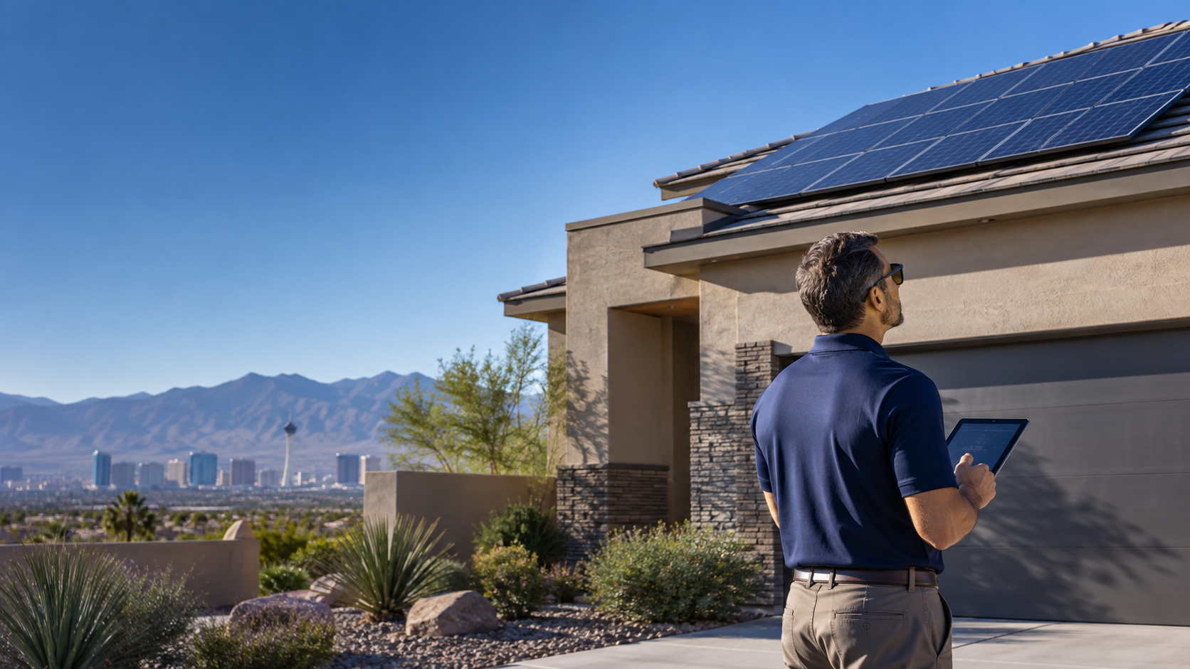 Solar professional reviewing a rooftop system at a Las Vegas home