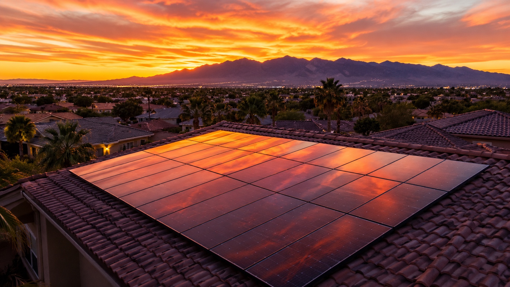 Rooftop solar panels overlooking a residential neighborhood