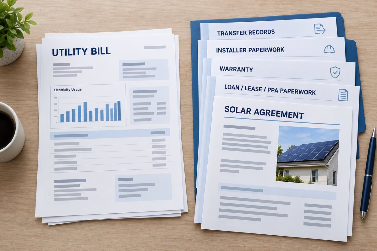 Fictional example of a utility bill and common solar documents with no customer information